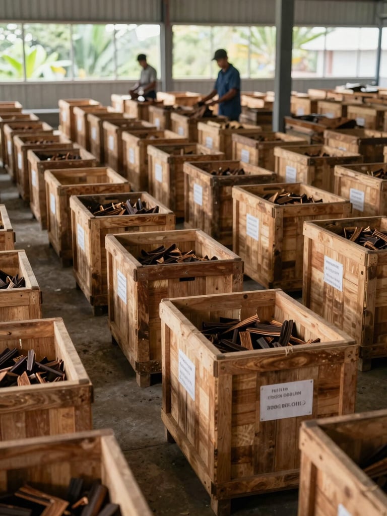 Wide environmental shot inside an Indonesian agarwood storage and sorting facility — rows of labelled wooden crates, workers in background handling product, natural daylight through high windows, floor-level perspective showing depth of warehouse space, no faces prominent