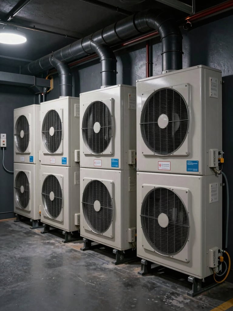Wide environmental shot of an underground mechanical room — AI climate control unit panels flush-mounted to a dark graphite wall, precision-labelled air handling ducts in matte black, cool studio strobe lighting, tight framing of system integration detail, no people, no warm tones, obsidian and steel palette