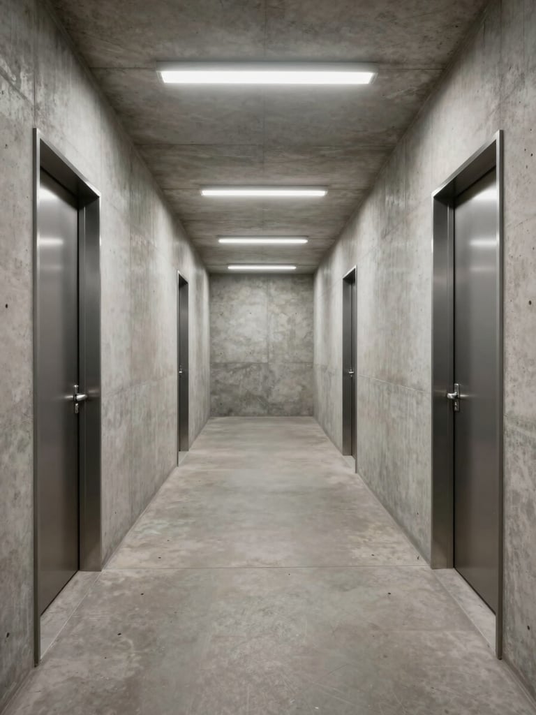 Wide environmental shot of a multi-room underground corridor junction, poured concrete walls with flush steel door frames on both sides, cool studio lighting from recessed ceiling strips casting even illumination, no people, no signage, precise architectural symmetry, full room legibility
