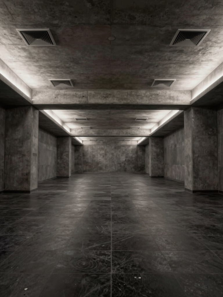 Wide environmental shot of a completed underground room interior, cool studio strobe lighting, precise bilateral symmetry — exposed concrete ceiling integrated with flush climate control vents and recessed linear lighting, polished dark stone flooring, no occupants, full-room legibility, graphite and obsidian tones, no warm cast