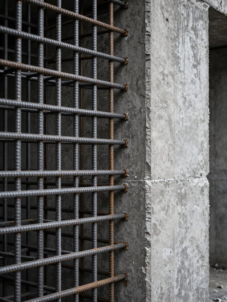 Tight architectural detail of a reinforced underground wall section under cool studio lighting — steel rebar lattice embedded in formed concrete, surface texture sharp and precise, close framing emphasising material junction and structural depth, no human elements, graphite palette, overcast studio strobe
