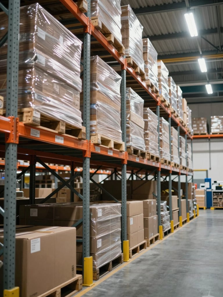 Wide shot of organized warehouse shelving rows stocked with boxed inventory, overhead practical lighting casting clean shadows, distribution floor in background, cool fluorescent tones, no people