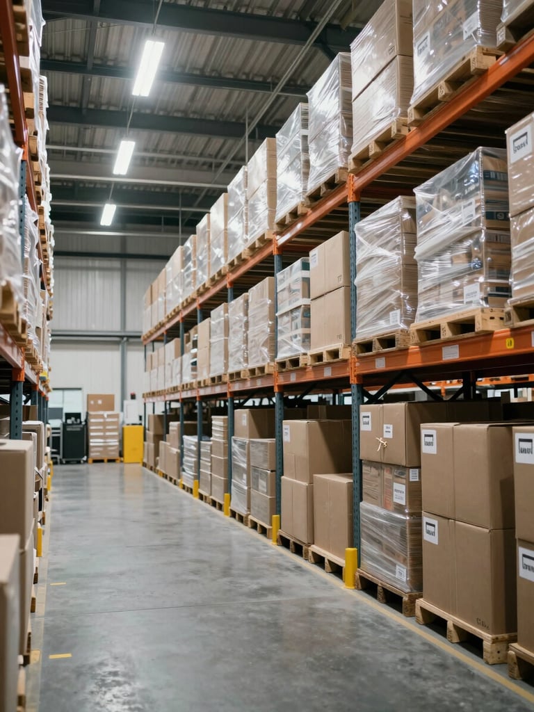 Wide interior of a professional logistics warehouse, organized shelving with labeled inventory boxes in clean rows, bright neutral overhead lighting, medium-wide environmental shot showing operational infrastructure and systems, cool daylight color grade