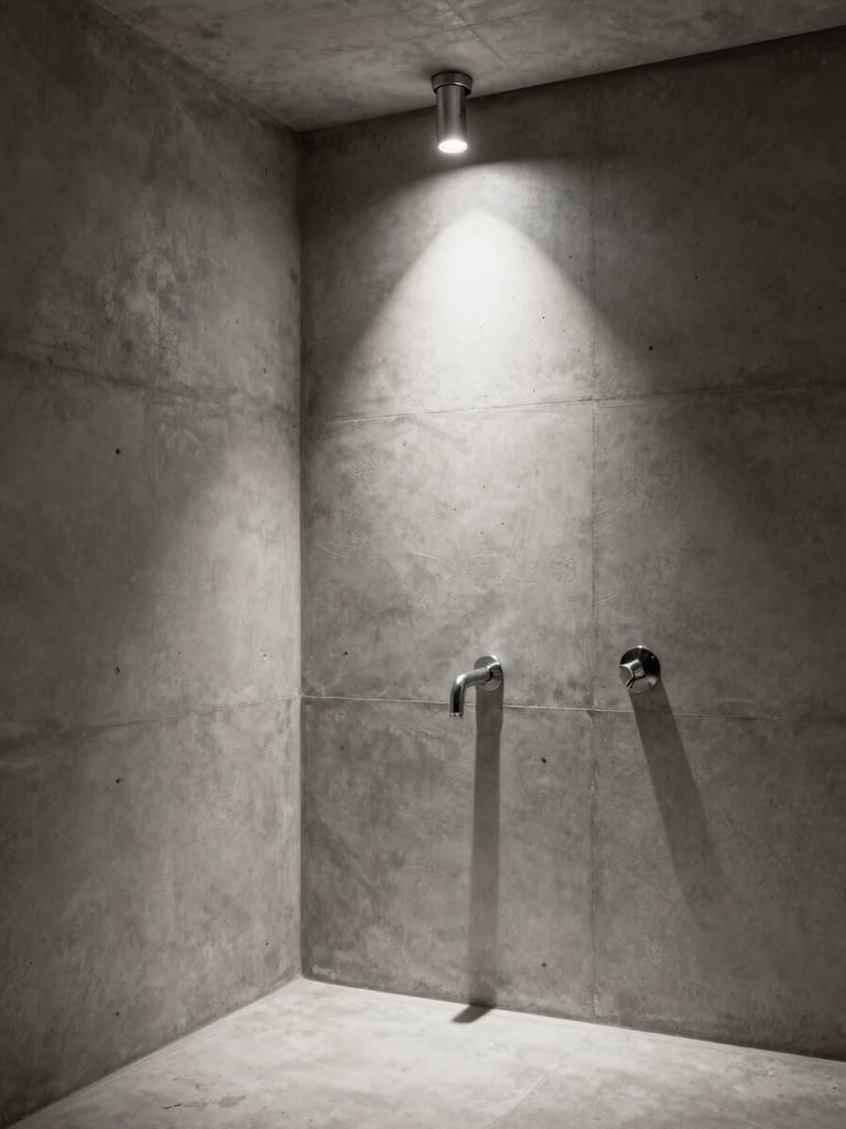 Wide-angle shot of a minimalist concrete bathroom featuring a single spotlighted chrome fixture, high contrast chiaroscuro lighting.
