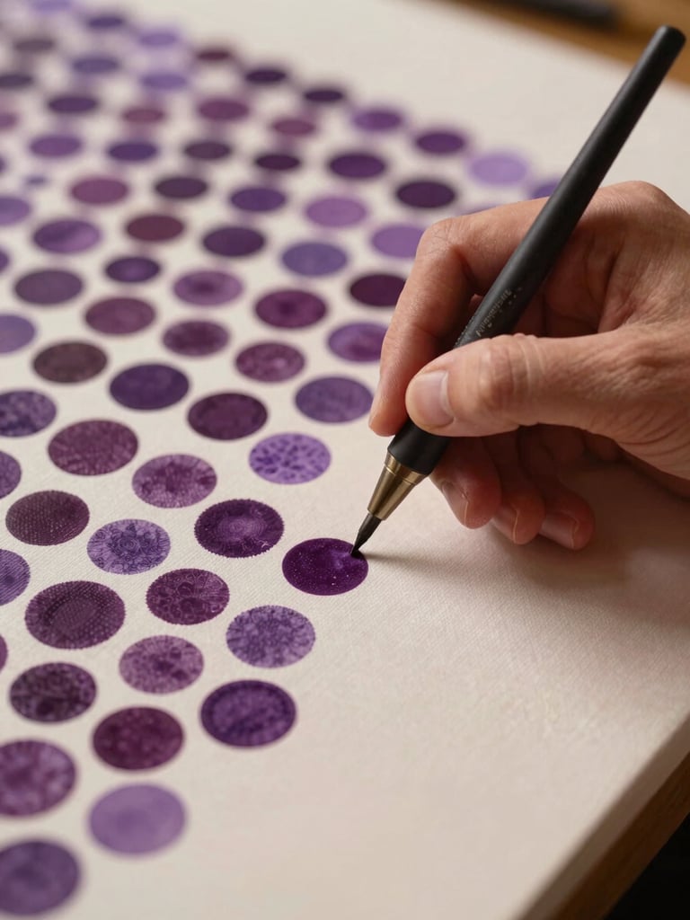 Close focus on an artist's hand applying a single dot to a canvas with a fine-tipped tool, diffuse warm ambient studio light, aubergine and lavender dot field partially complete in the background, only the hand and immediate canvas surface in frame — no face, no full figure