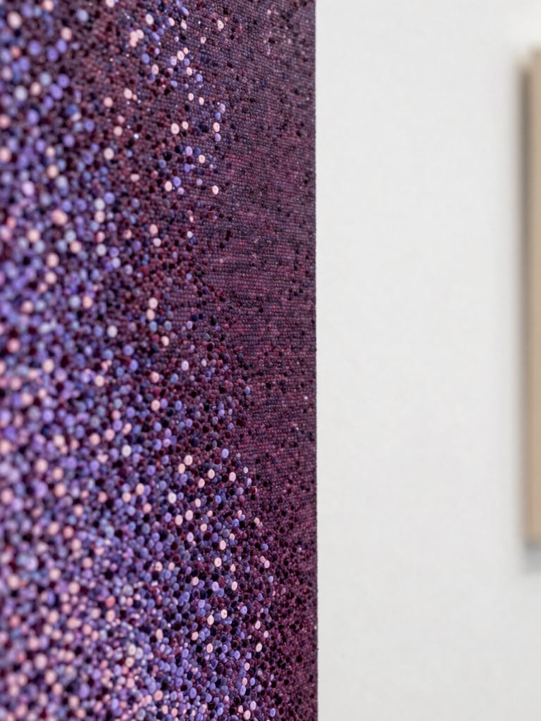 Extreme close-up of a finished pointillist canvas edge under diffuse north-facing studio light, dense dot clusters in deep aubergine and soft lavender visible at macro scale, white gallery wall behind, architectural calm