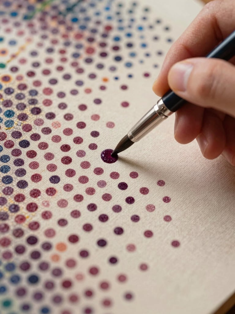 Extreme close-up detail of a pointillist canvas surface, artist's hand holding a fine-tipped brush mid-application, a single deep aubergine dot being placed among existing marks, north-facing diffuse studio light revealing each dot's slight raised edge, warm ivory ground between marks clearly visible