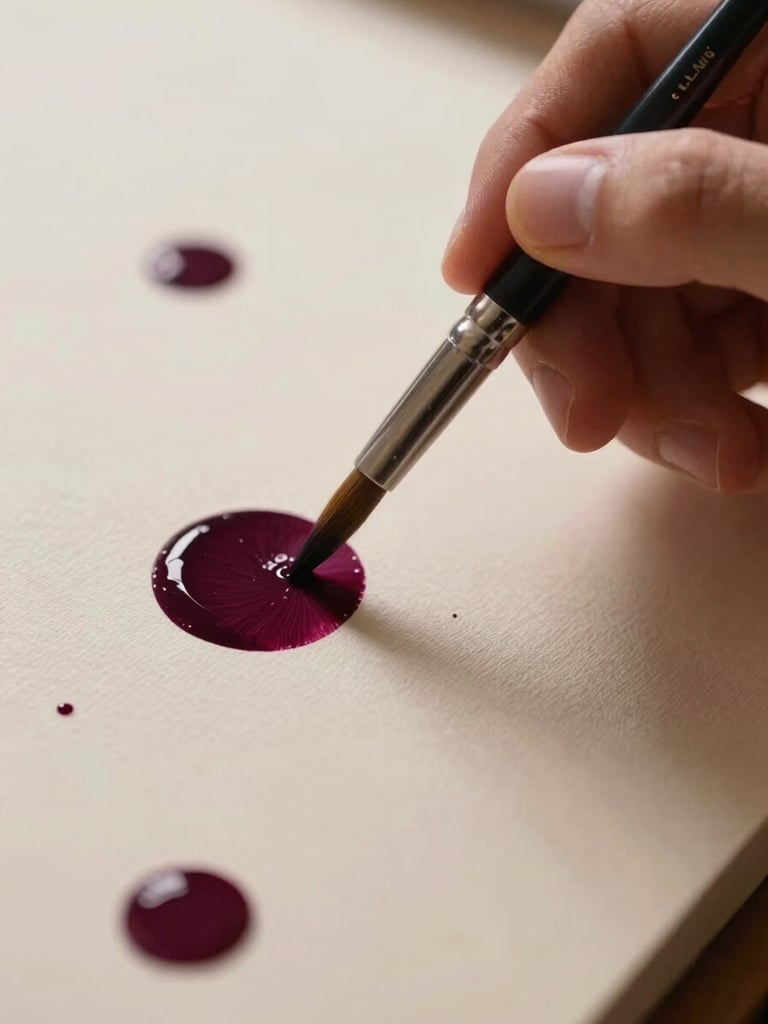 Extreme close-up of an artist's hand holding a fine-tipped brush, a single deep aubergine dot being applied to ivory canvas, surrounding dots visible in soft focus, diffuse warm studio light, no face visible