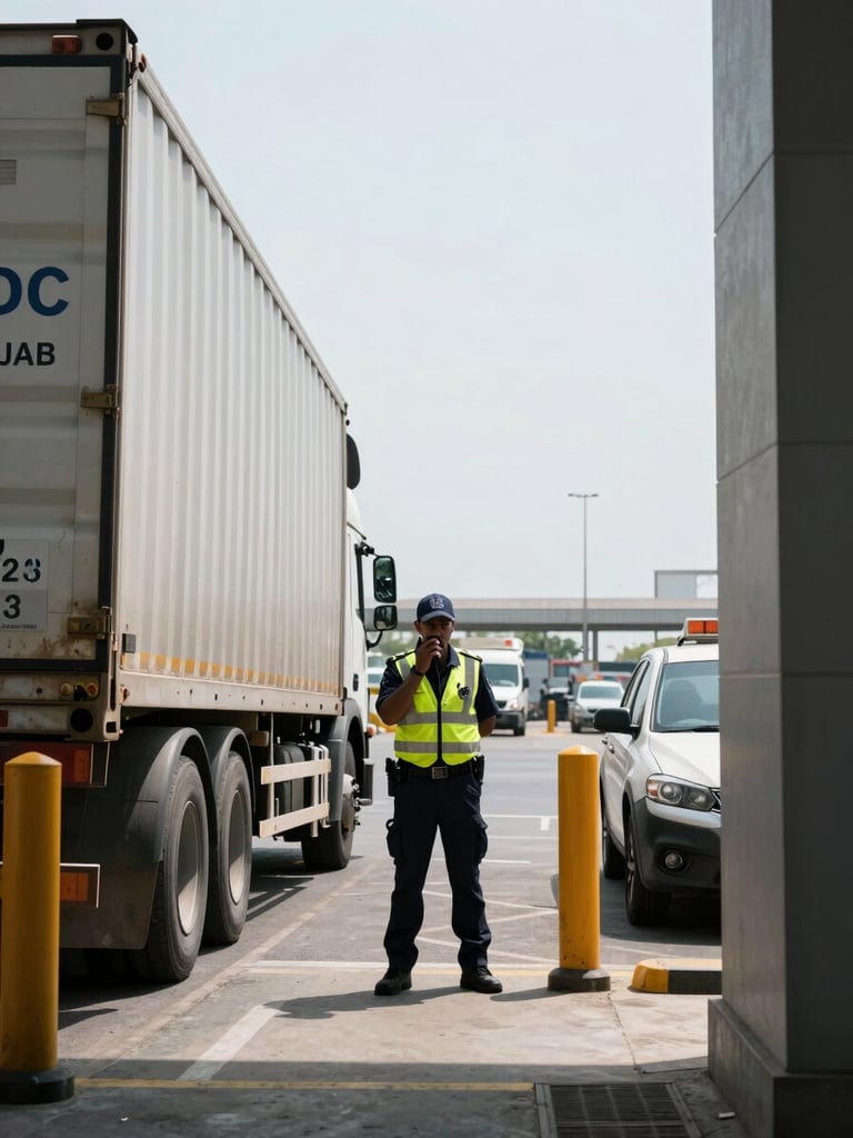 A Lur Majestic border agent in high-visibility gear, standing next to a commercial shipping truck at a busy SADC border checkpoint, actively communicating on a radio, bright overcast daylight, high-contrast cool tones, crisp architectural framing, 35mm lens.