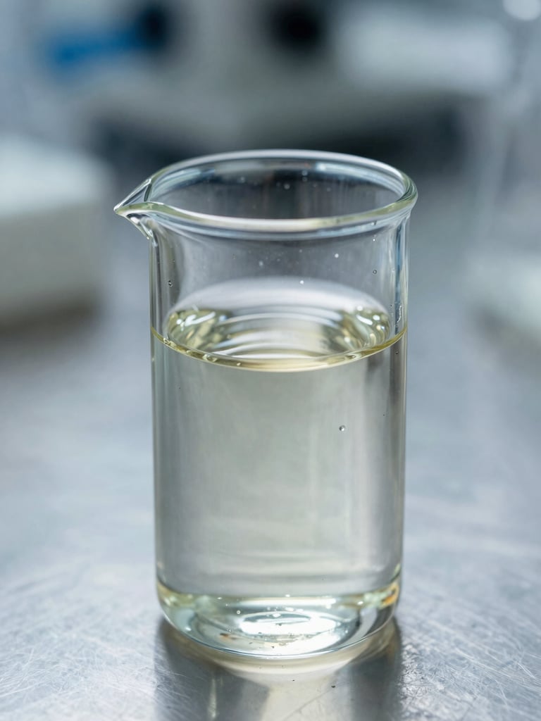 Macro photograph of clear liquid organic titanate in clinical glass laboratory equipment, sharp focus, cool-toned lighting, clean stainless steel background.