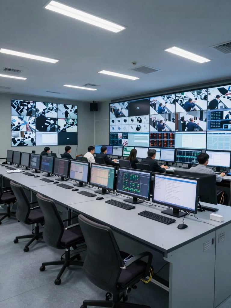 Wide architectural view of an enterprise control room floor, multiple large monitors displaying live security feeds and system dashboards, cool overhead fluorescent lighting, cable infrastructure visible beneath raised flooring panels in the foreground, no people, operational and precise