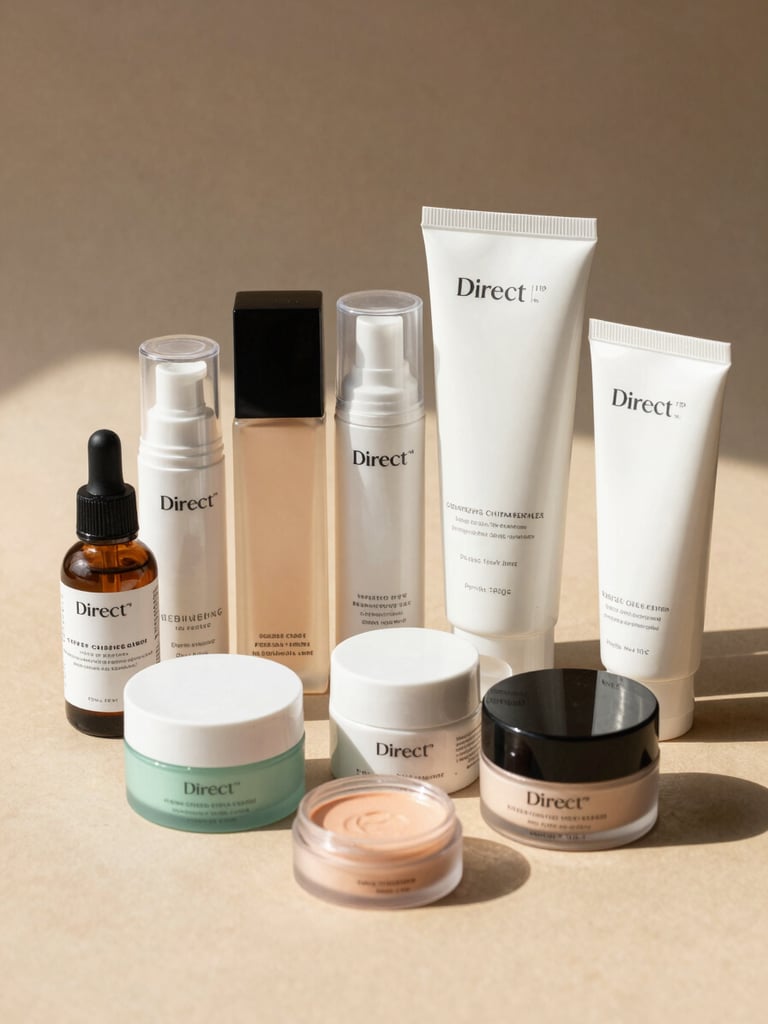 Direct 3/4 studio shot of neatly arranged cosmetics and skin care product packaging on a warm beige surface, soft north-facing daylight, product labels facing forward, close detail of product textures and caps, no human figures, no lifestyle context