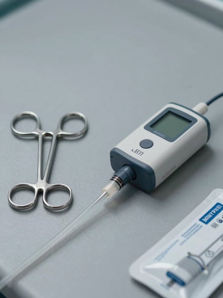 Straight-on studio shot of surgical instruments and a compact infusion device laid on a cool gray surface, even diffuse lighting, packaging detail visible in lower right corner, no human figures