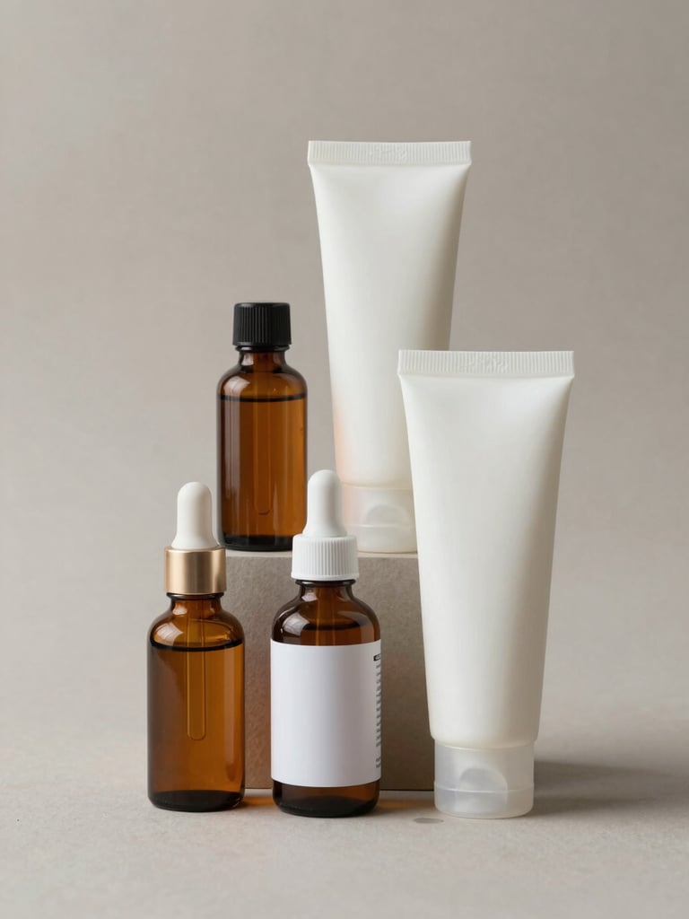 Close-up 3/4 view of stacked amber and frosted-white skincare product tubes and serum bottles on a light warm-grey studio surface, even diffused daylight, product labels facing forward, no hands, no text visible, clean background