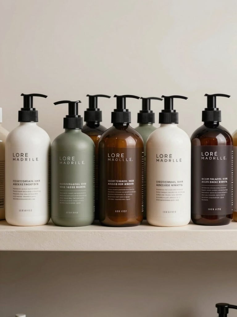 Straight-on studio shot of a row of professional hair treatment bottles and pump dispensers arranged on a neutral beige shelf, matte and glossy packaging mix, even soft studio lighting, no people, packaging details visible, cool off-white background