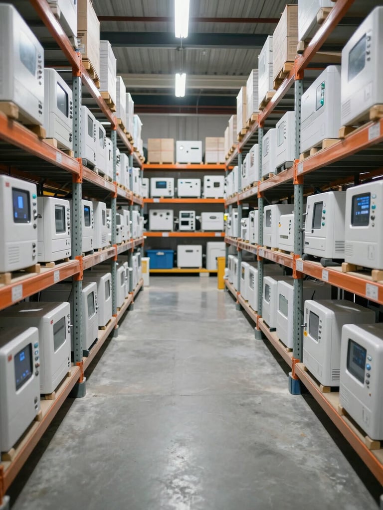 Wide shot of a medical equipment warehouse interior, rows of boxed devices on metal shelving under even overhead lighting, neutral gray concrete floor, no people visible, straight-on perspective suggesting depth and stock reliability