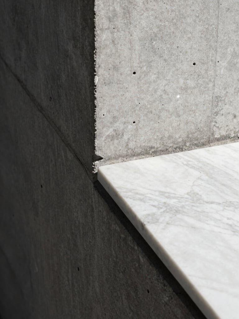 Tight geometric close-up of a raw concrete wall meeting a polished white marble slab, hard direct sunlight casting a razor-sharp shadow line diagonally across the frame.