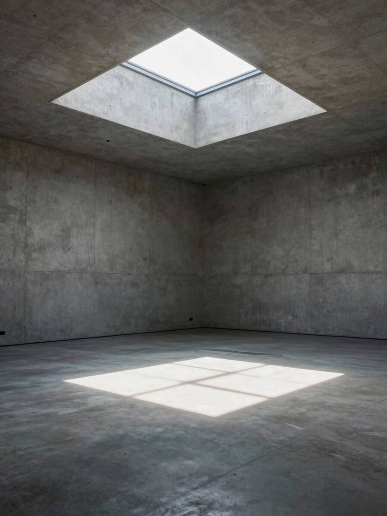 Extreme wide-angle environmental shot of an empty minimalist concrete gallery interior, single beam of direct sunlight cutting through a high skylight, casting a sharp graphic shadow on the floor.