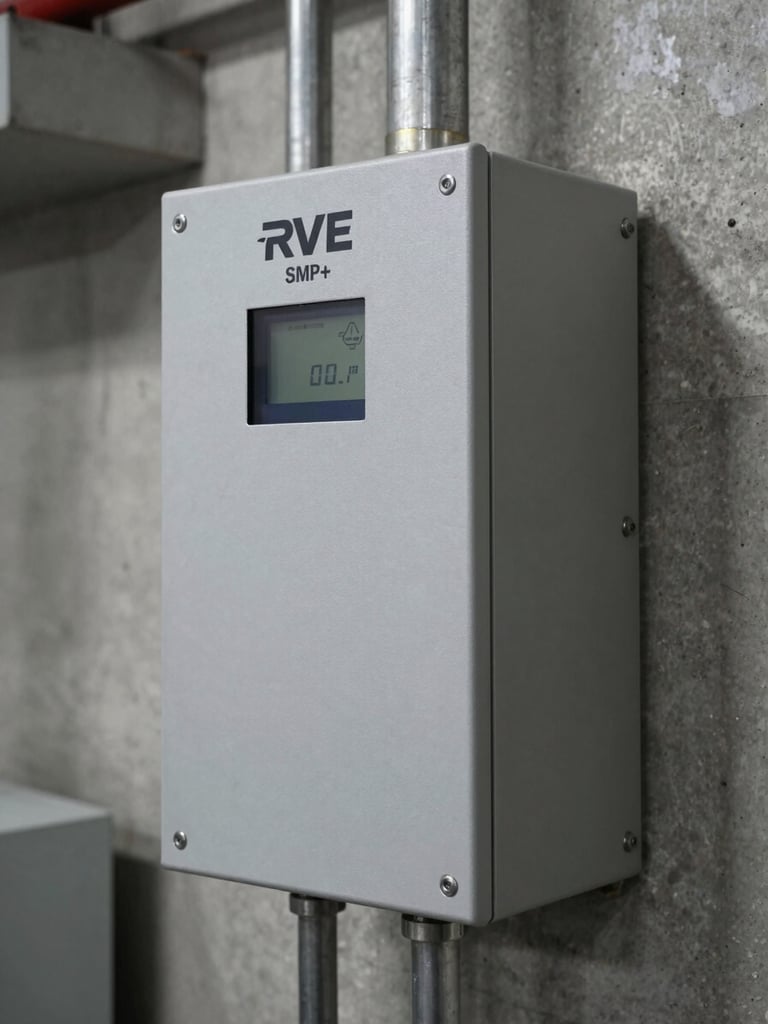 Crisp industrial close-up of an RVE SMP+ load management system installed inside a concrete mechanical room, clean steel conduits, natural ambient lighting, 35mm.