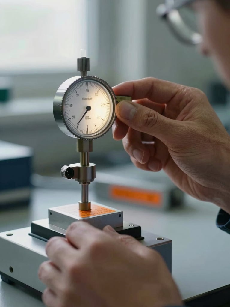Extreme close-up of a calibration technician adjusting a dial gauge against a certified reference standard on a laboratory bench, backlighting from a north-facing window illuminating the gauge face, safety-orange label visible on the reference block, steel and aluminum surfaces