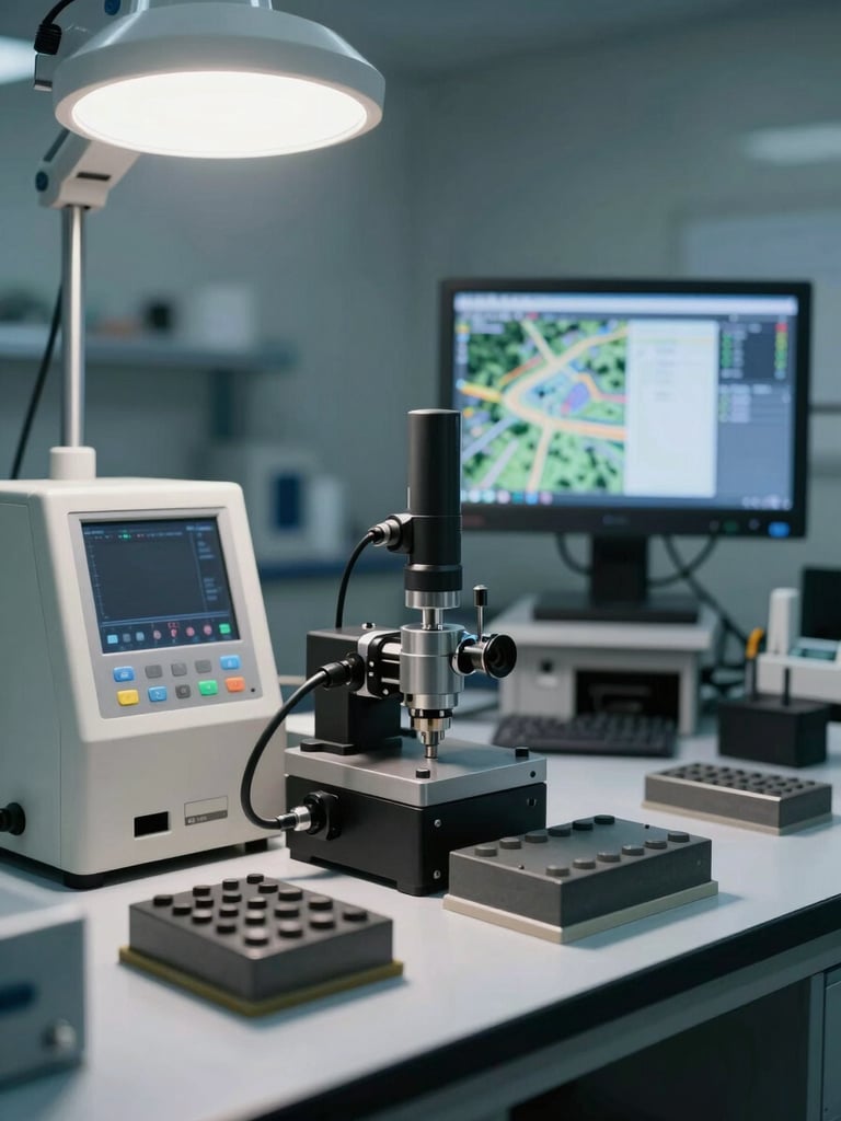 Wide environmental shot of an active NDT calibration lab bench, inspection results visible on a screen in the background, precision instruments and reference blocks in the foreground, cool strobe lighting from upper left, no people, documentary procedural framing