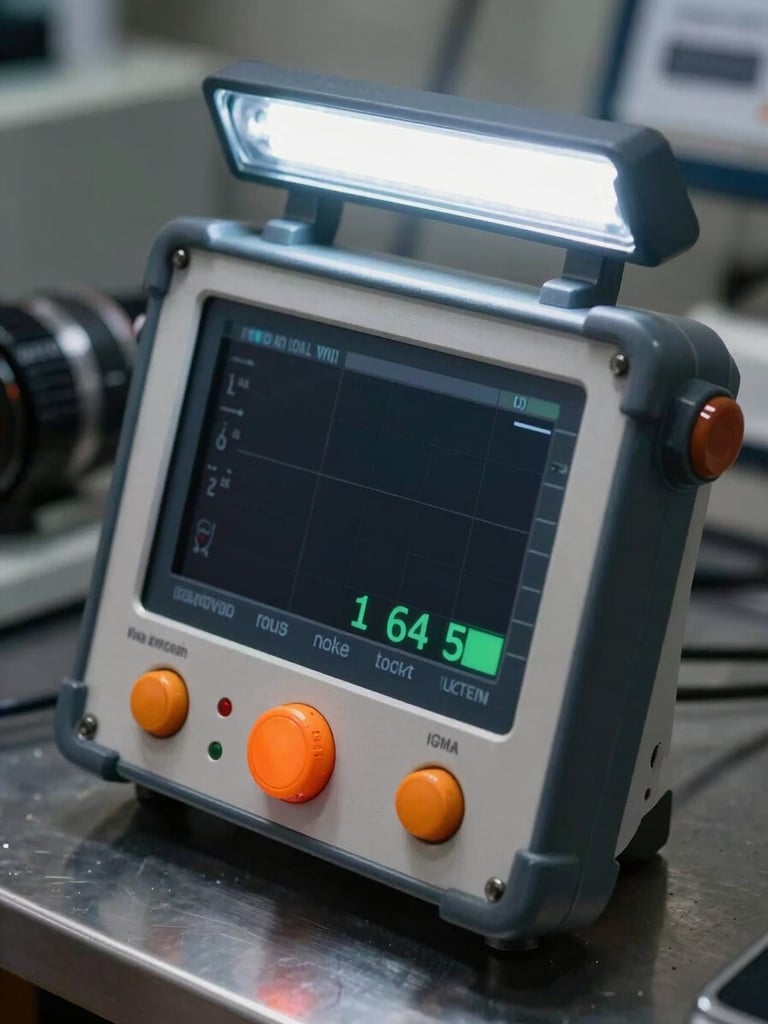 Extreme close-up of a calibrated ultrasonic flaw detector digital readout, orange safety indicator glowing on the device panel, cool strobe lighting from above, dark steel bench surface beneath the instrument, documentary procedural framing