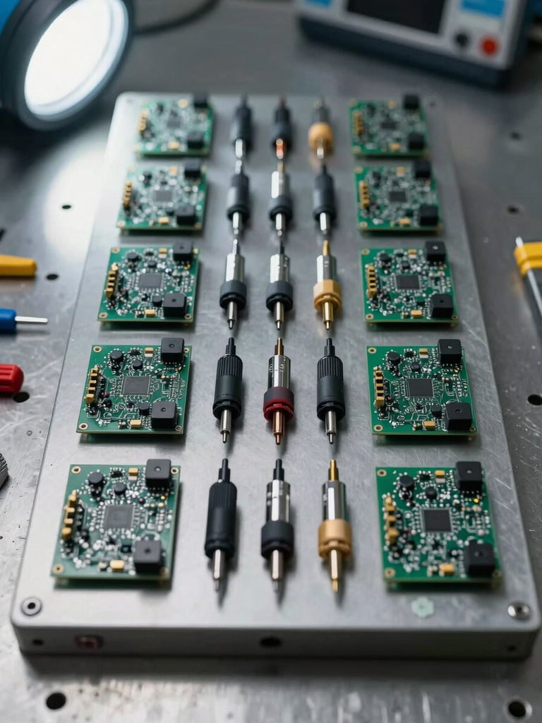 Close-up overhead shot of a disassembled ultrasonic flaw detector on a steel workbench, circuit boards and probe connectors laid out in organized rows, cool inspection-lab strobe lighting, tools visible at the frame edges