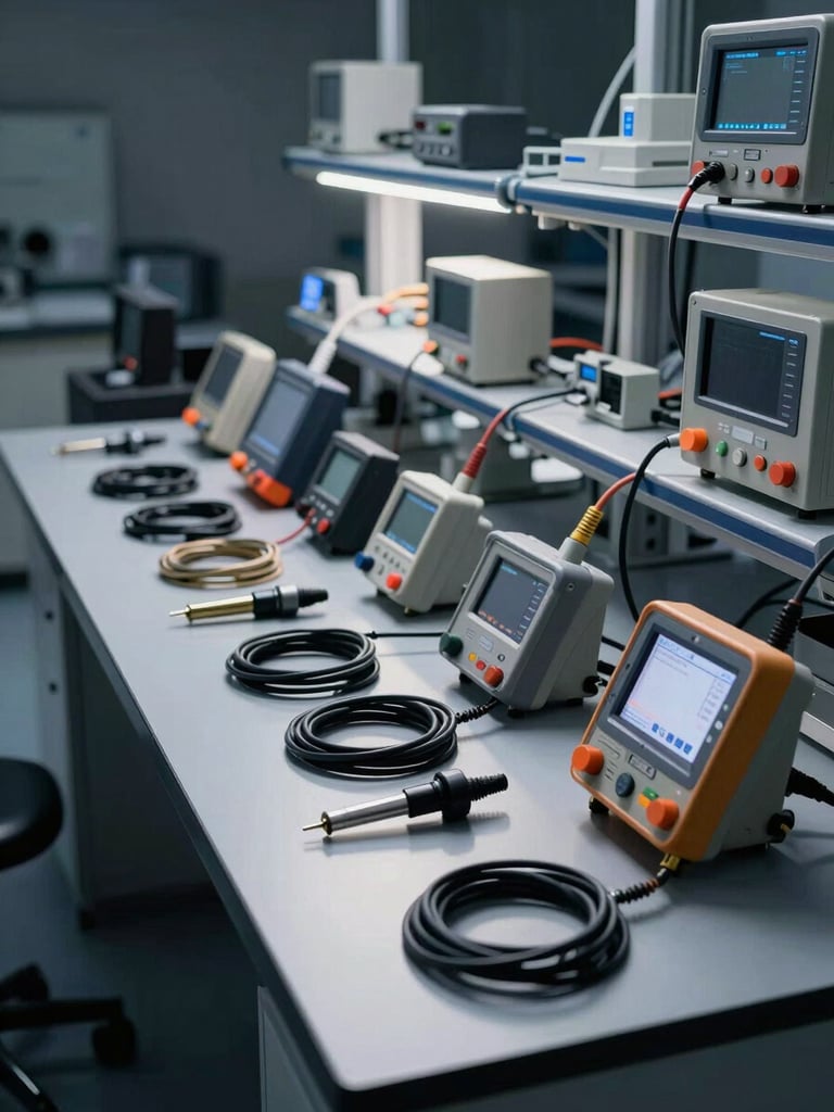 Wide environmental shot of an NDT lab workbench, right-frame composition — ultrasonic flaw detectors, digital thickness gauges, and probe cables arranged in precise rows on a steel-grey surface under cool studio strobes, strong backlighting picks out metallic edges and safety-orange markings on equipment faces, left third of frame in deep shadow