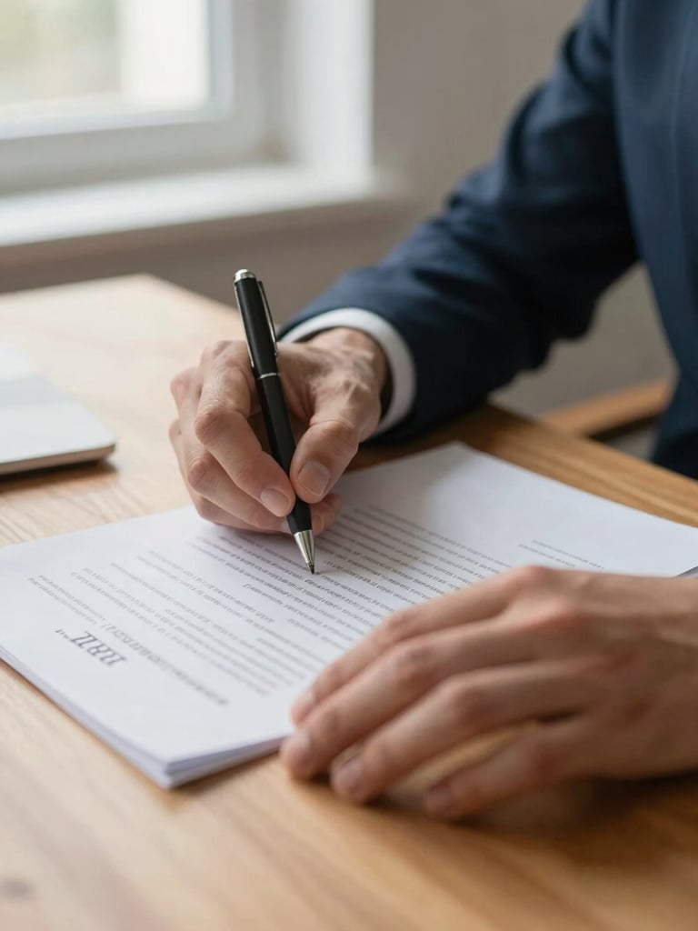 A close-up of hands reviewing an annotated contract on a warm wooden desk, soft natural window light, shallow depth of field.