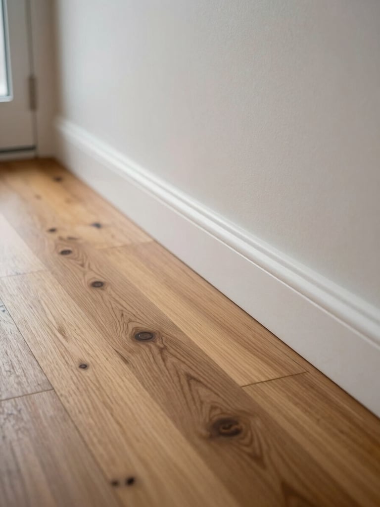 Close-up architectural detail of a residential apartment interior—hardwood flooring meeting a white baseboard, natural overcast window light raking across the surface from the left, no furniture, no people, tight framing showing material quality