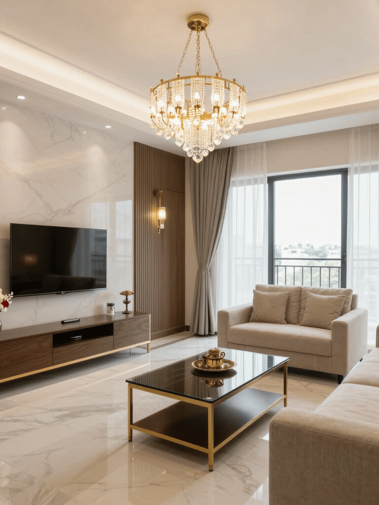 Wide-angle view from the entry point of an empty modern urban apartment, natural daylight flooding through floor-to-ceiling windows on the right, warm white walls, pale oak flooring, architectural ceiling detail visible, no people, overcast exterior light producing even interior exposure
