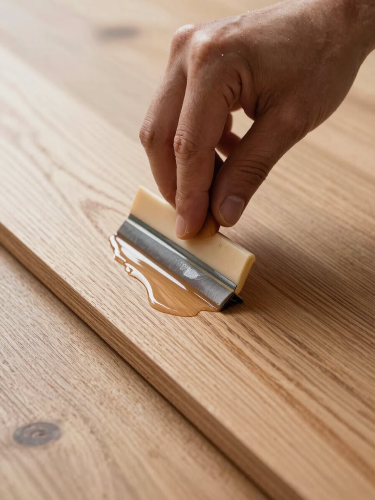 Extreme close-up of a craftsman's hands holding a flat applicator pad, spreading water-based finish across freshly sanded oak hardwood planks, soft diffused daylight from the left catching the wet sheen on the grain, the floor filling the entire frame edge to edge