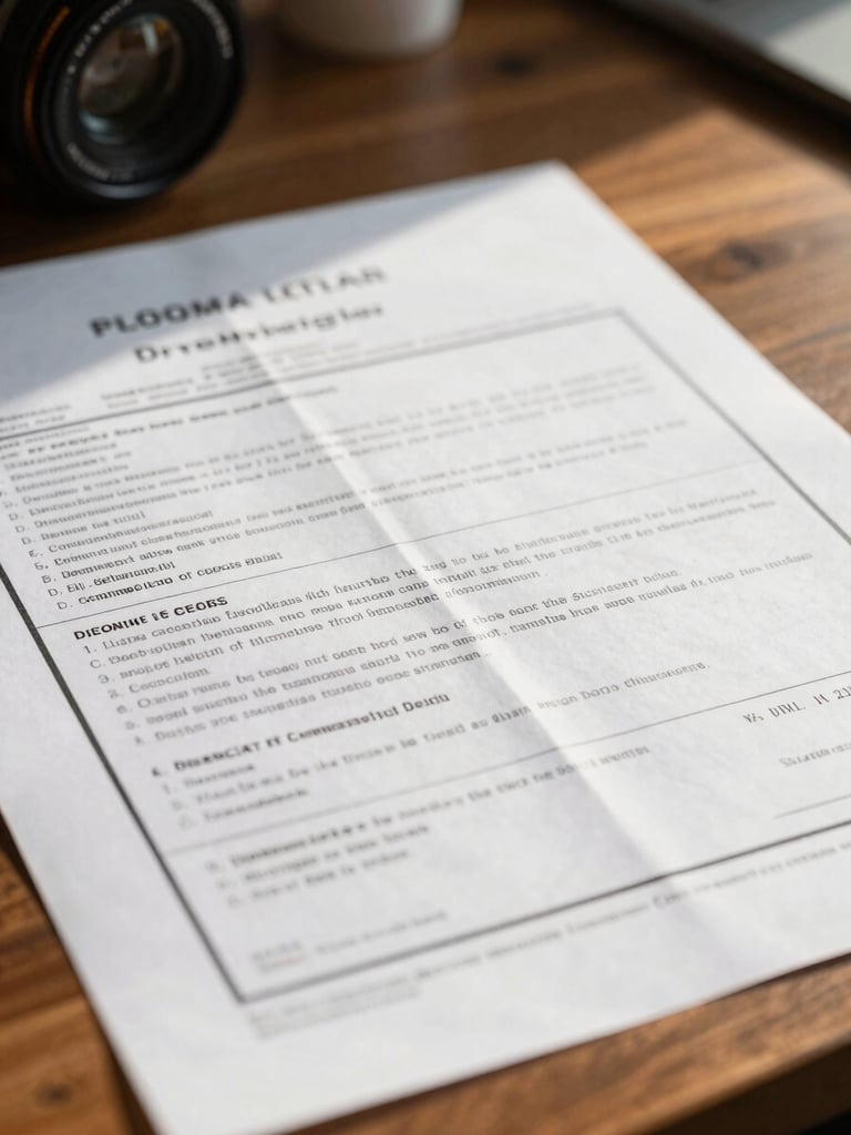 Close-up of official land registry blueprints and title deeds resting on a wooden desk under bright morning light.