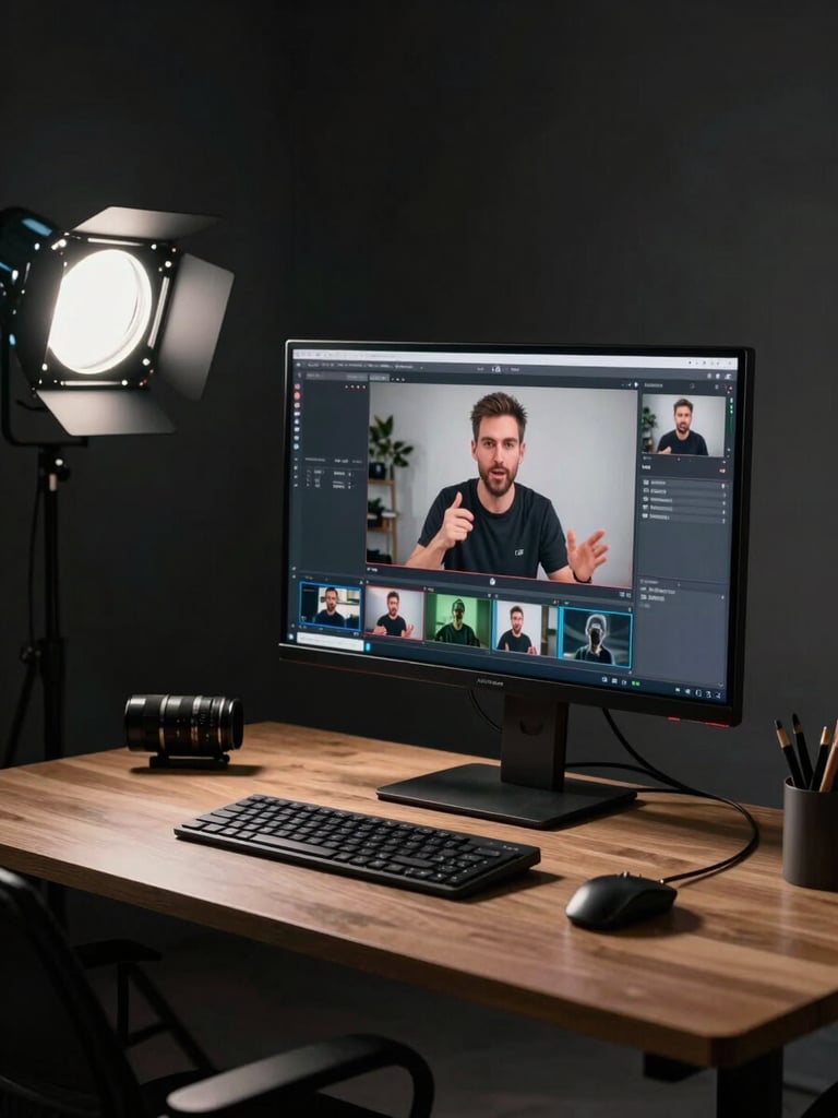 Wide environmental shot of a creator recording a screen-capture product walkthrough at a standing desk, directional key light from the left, high-contrast dark background, monitor glow illuminating the creator's focused expression, professional studio setup