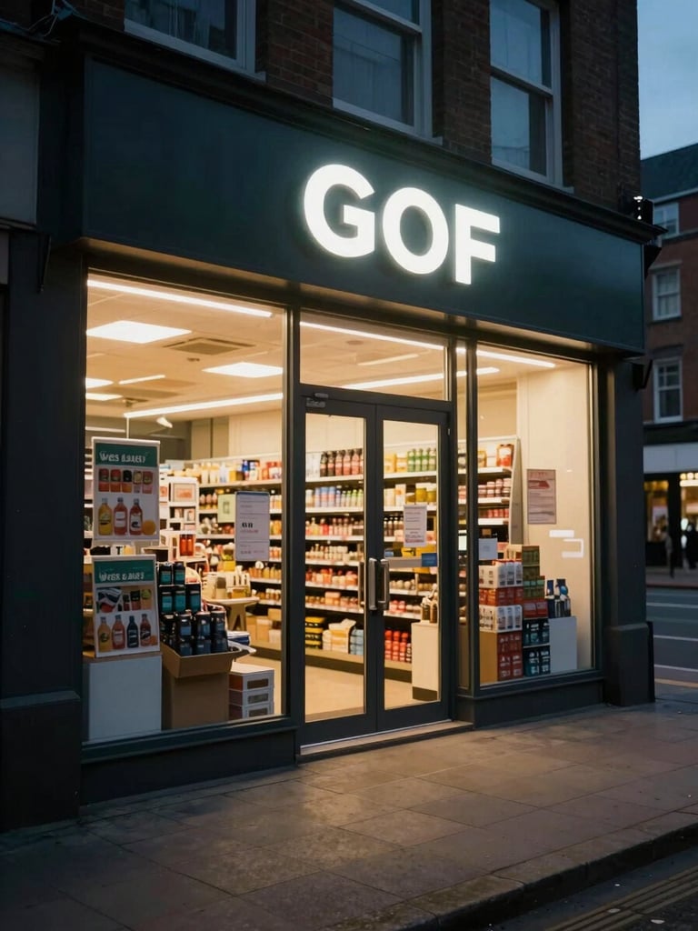 Wide shot of an off-licence storefront at night, warm interior glow visible through the glass door and windows, illuminated signage above the entrance, quiet empty pavement in front, dark urban street receding into the background