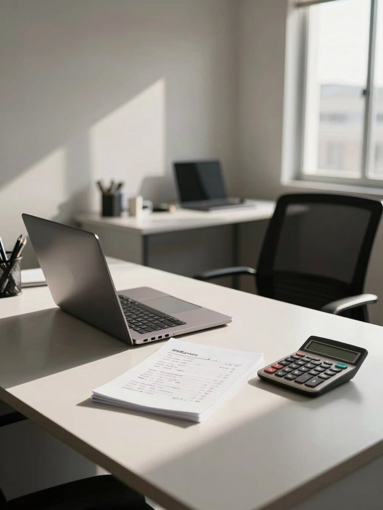 Wide shot of a modest Ipatinga office interior, desk with open laptop and handwritten notes beside a calculator, afternoon light through a window casting long shadows across the workspace