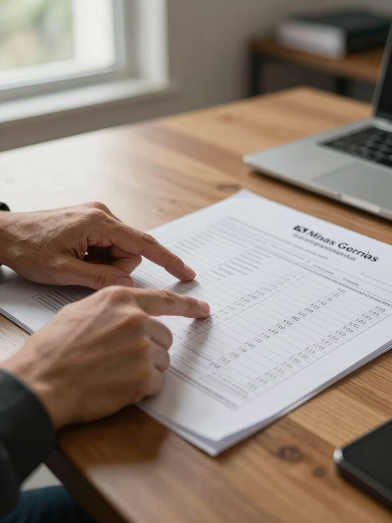 Close-up of hands pointing at printed traffic performance report on a wooden desk, natural window light from the left, shallow depth of field, modest office setting in Minas Gerais