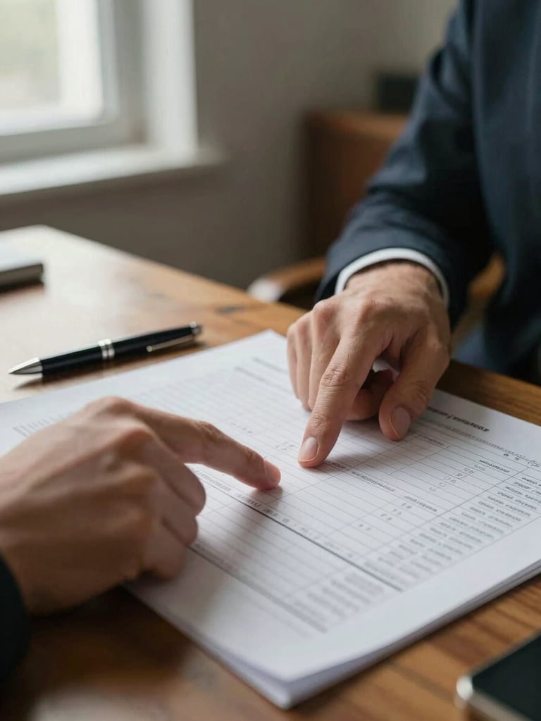 Close-up of hands pointing at a printed spreadsheet on a wooden desk, natural window light from the left, a ballpoint pen resting nearby, modest office interior visible in soft focus behind