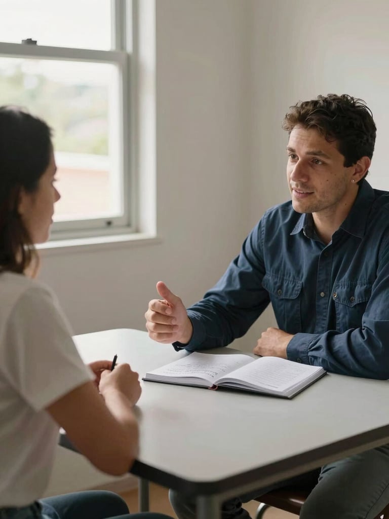 Two people seated across a modest table in a naturally lit room in Ipatinga, one gesturing toward an open notebook with handwritten notes, relaxed candid moment, daylight from a side window, no suits, plain work clothes, genuine conversation energy