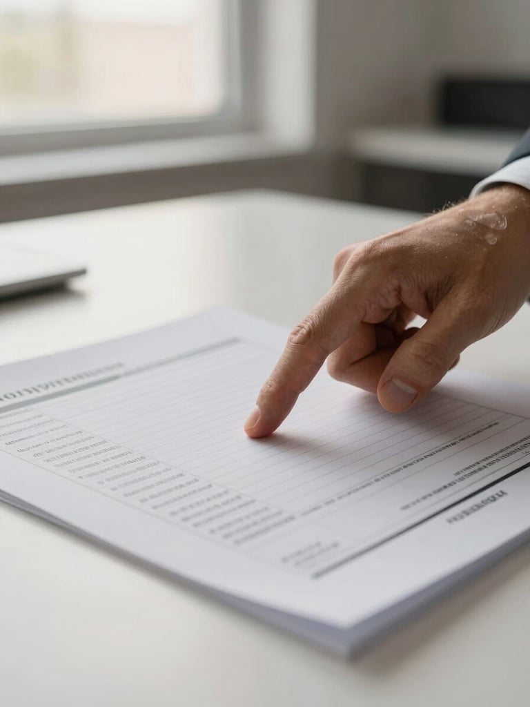 Close-up of an advisor's hand pointing at a line item on a printed financial statement resting on a plain desk, afternoon window light, shallow depth of field, warm off-white paper tone, modest office interior visible in soft background
