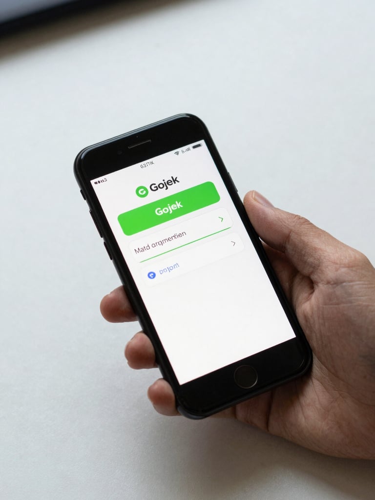 Close-up overhead flat-lay of a hand holding a smartphone showing a Gojek payment status screen mid-transaction, status indicator highlighted in green, plain white desk surface beneath, even digital lighting, no shadows