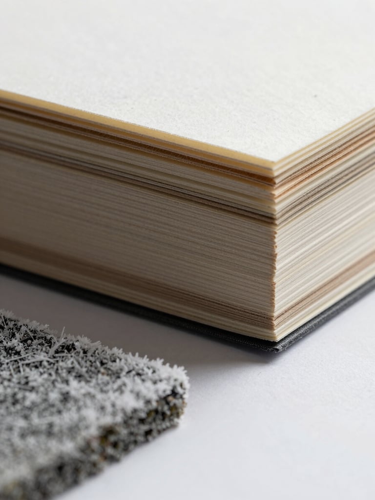 Macro close-up of laminated paper sheet edge under north-facing daylight, showing precise seal cross-section and material layers, frost-covered sample in the foreground indicating cold-chain certification, clean studio surface, sharp focus on material quality