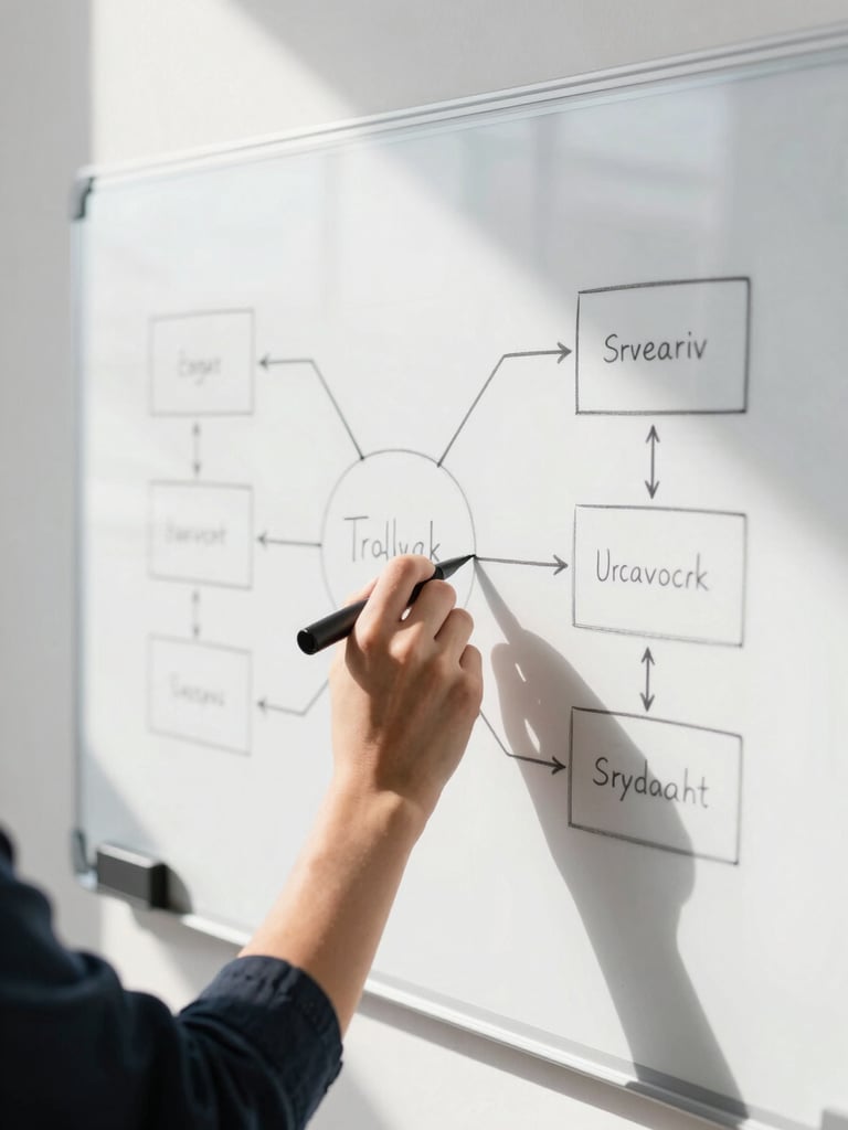 Close-up of hands sketching a clean workflow diagram on a physical whiteboard, bright natural daylight, crisp realistic shadows, minimalist tech aesthetic