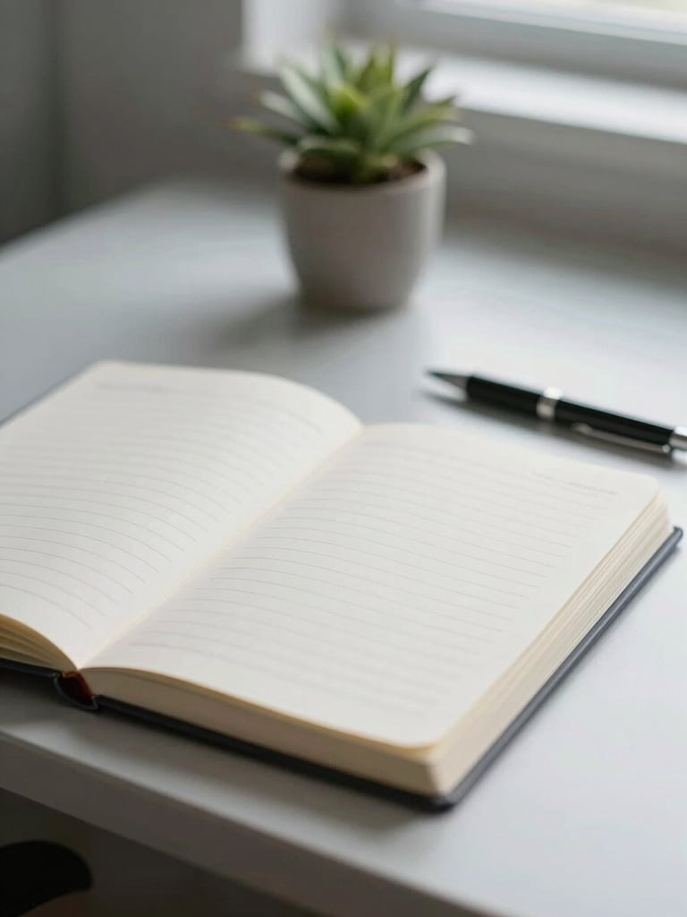 Close-up of an open notebook resting on a calm clinic desk, a pen beside it and a small potted plant in soft focus behind, natural north-facing window light falling evenly across the surface