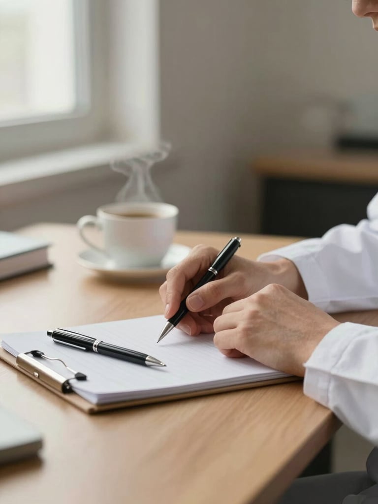 Close-up of a psychiatrist's desk viewed from the side, hands resting near an open notepad with a pen, soft even daylight from a window to the left, a steaming cup slightly out of focus in the background, warm neutral tones, calm and unhurried atmosphere