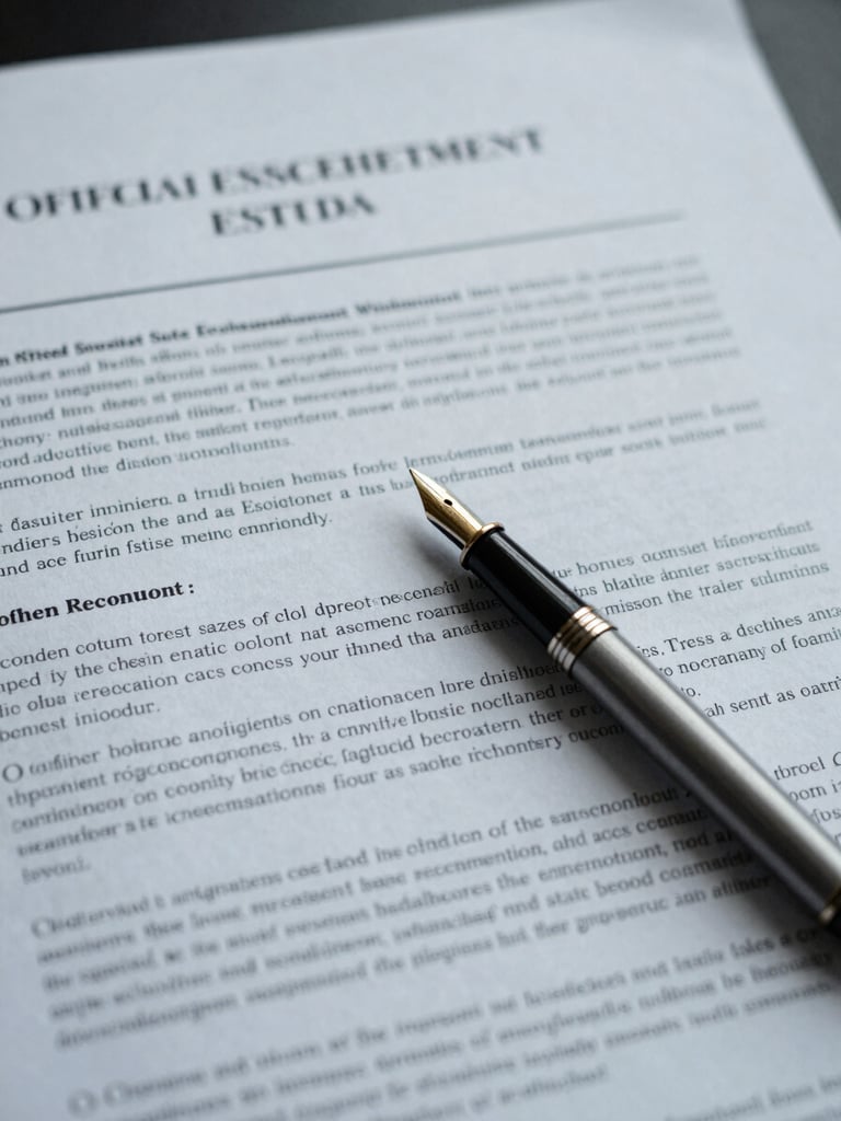 Macro flat-lay of official state escheatment statute documents and a classic fountain pen, cool neutral daylight, desaturated slate and corporate blue tones, sharp focus, 35mm