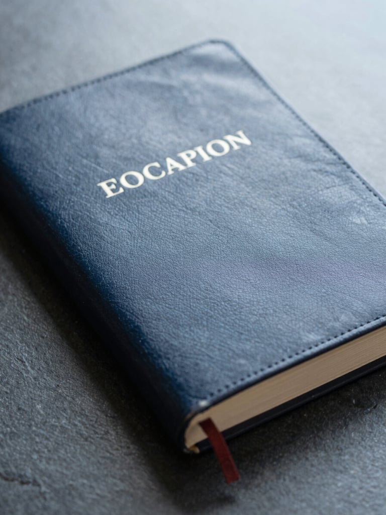 Macro photograph of a vintage leather-bound legal ledger resting on a dark slate desk, cool neutral daylight, soft focus, 35mm
