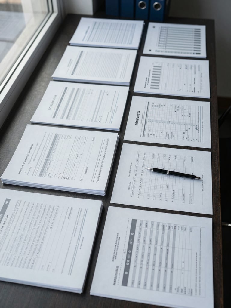 Wide-angle overhead view of an organized office desk, financial statements and compliance documents arranged in neat rows, a pen resting on a printed spreadsheet, cool daylight from a window to the left, deep navy binder visible at the right edge