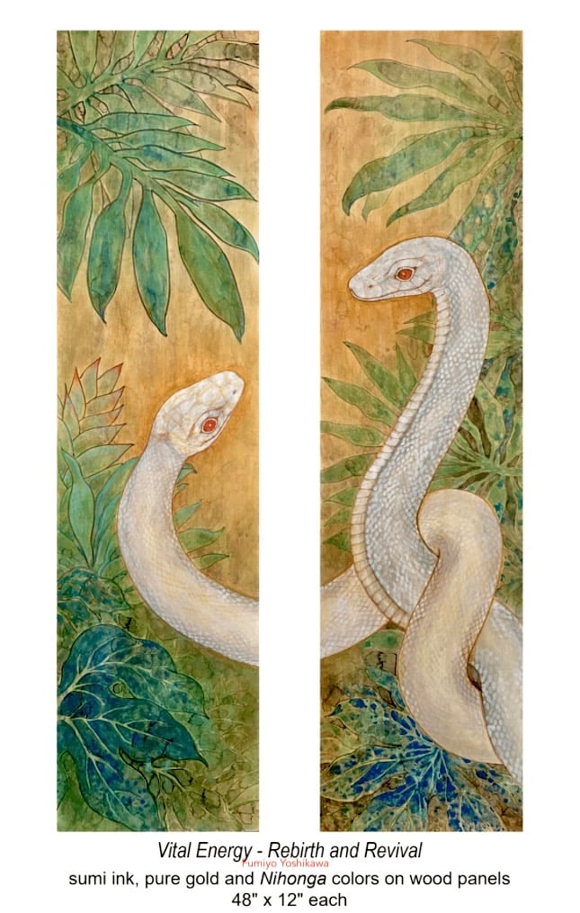 Vital Energy — Rebirth and Revival ©2025, Fumiyo Yoshikawa 48x12 inches each, sumi ink on Kozo paper