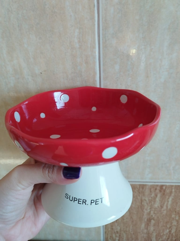 Red mushroom-shaped elevated cat bowl with tilted design, whisker-friendly, dishwasher safe 